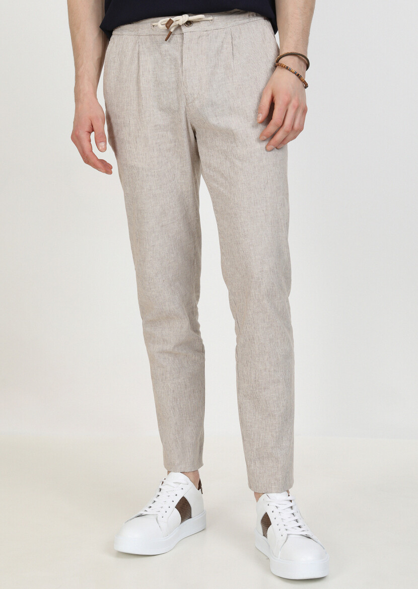 Açık Kahve Çizgili Dokuma Jogging Fit Casual Pamuk Karışımlı Pantolon 