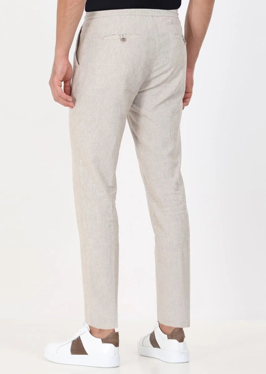 Açık Kahve Çizgili Dokuma Jogging Fit Casual Pamuk Karışımlı Pantolon - 6