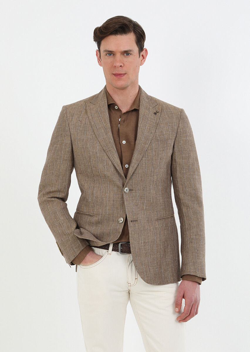 Açık Kahve Çizgili Zeroweight Slim Fit %100 Keten Ceket - 3