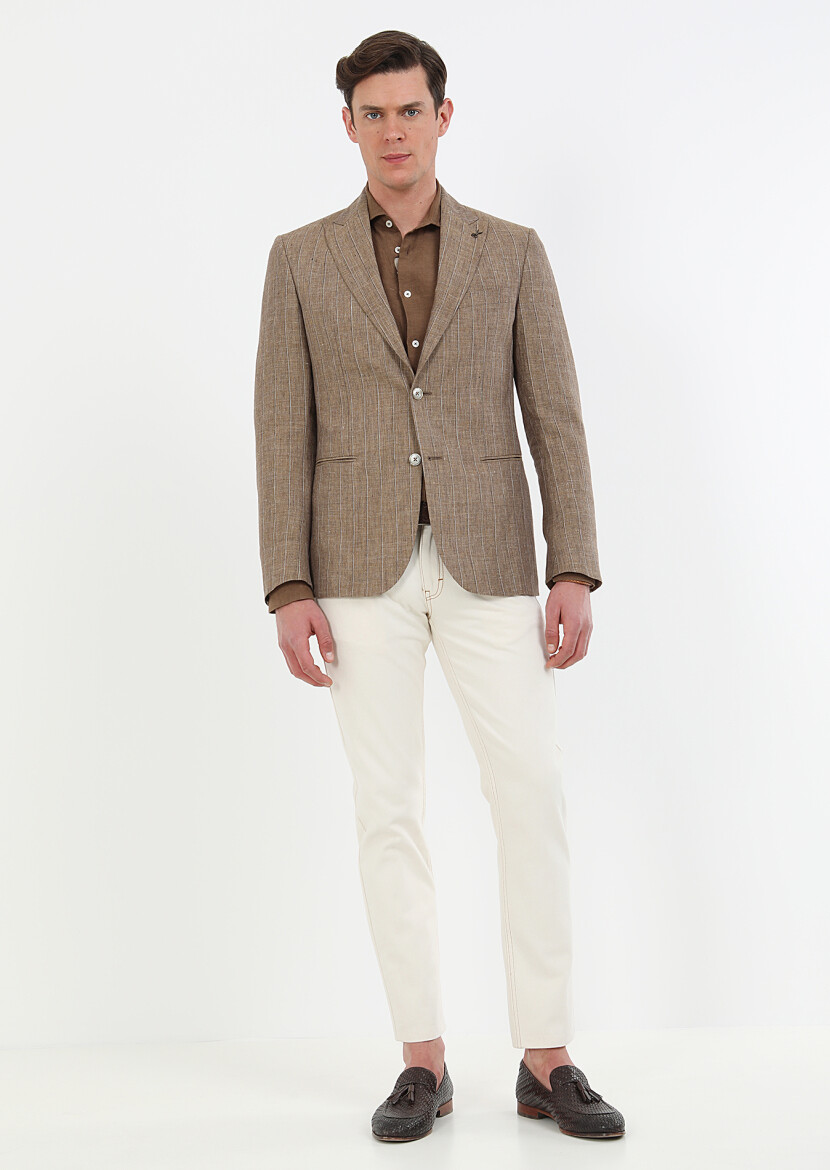 Açık Kahve Çizgili Zeroweight Slim Fit %100 Keten Ceket - 6