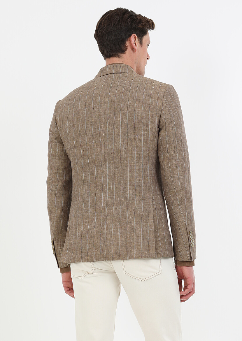 Açık Kahve Çizgili Zeroweight Slim Fit %100 Keten Ceket - 7