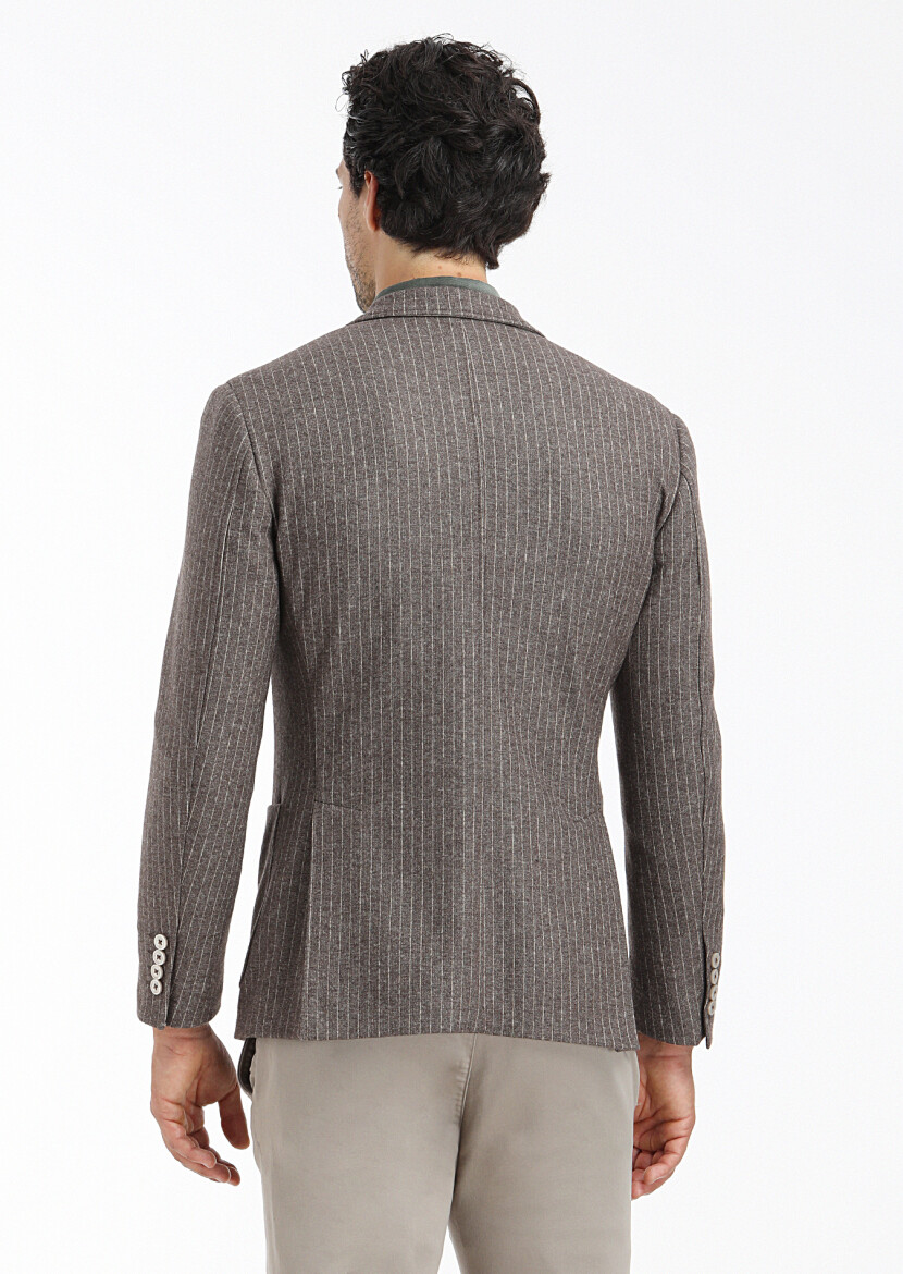 Açık Kahve Çizgili Zeroweight Slim Fit Yün Karışımlı Örme Ceket - 6