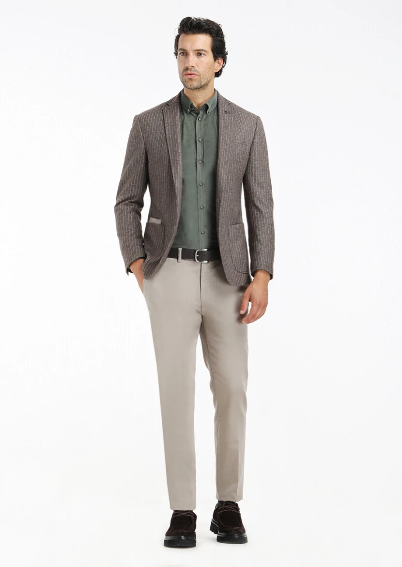 Açık Kahve Çizgili Zeroweight Slim Fit Yün Karışımlı Örme Ceket - 1