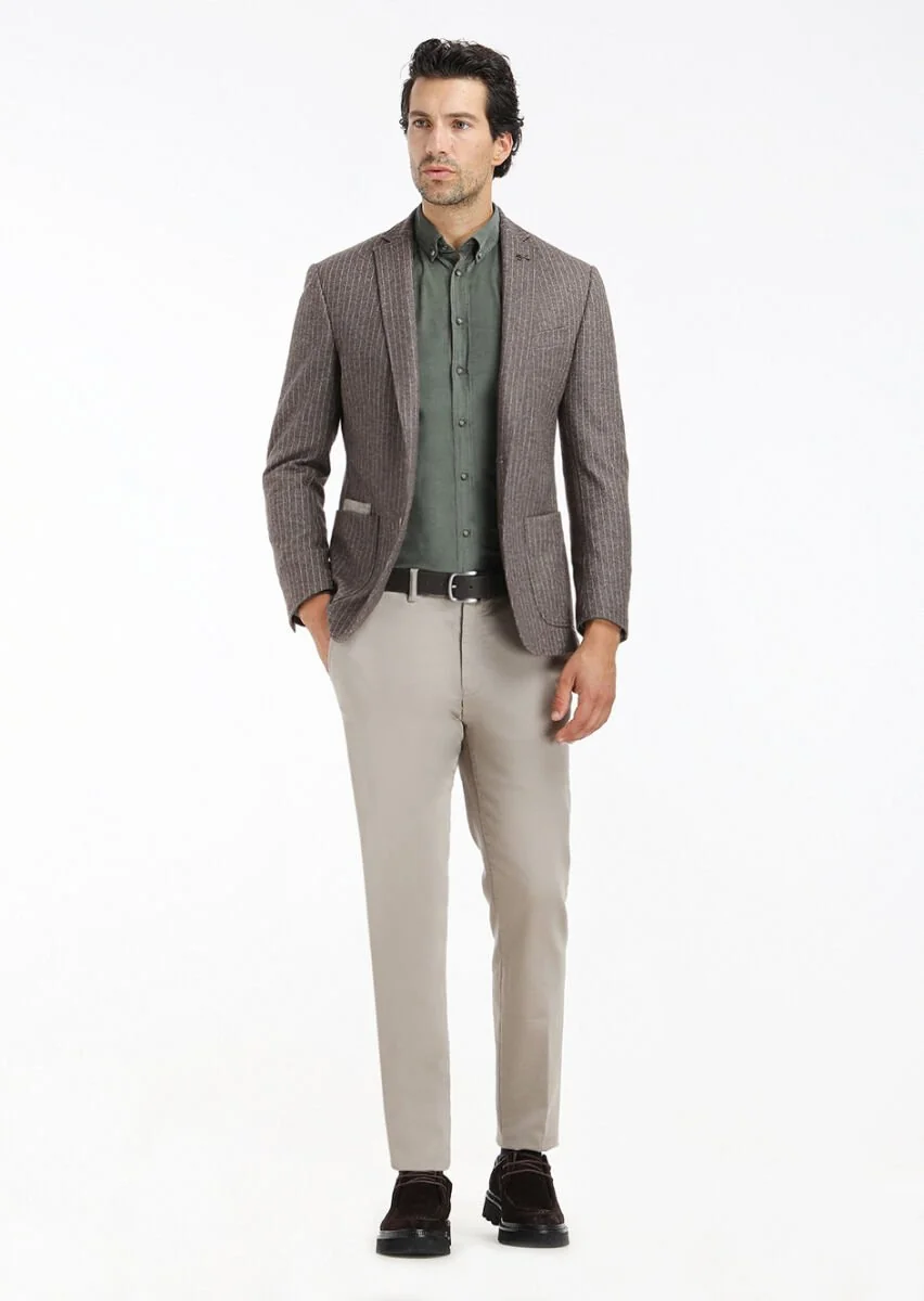 Açık Kahve Çizgili Zeroweight Slim Fit Yün Karışımlı Örme Ceket - 1