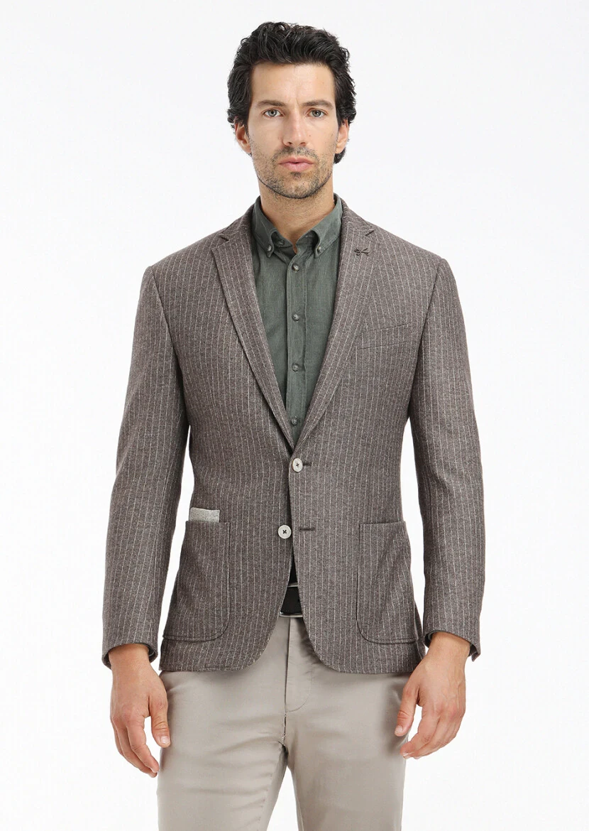 Açık Kahve Çizgili Zeroweight Slim Fit Yün Karışımlı Örme Ceket - 2