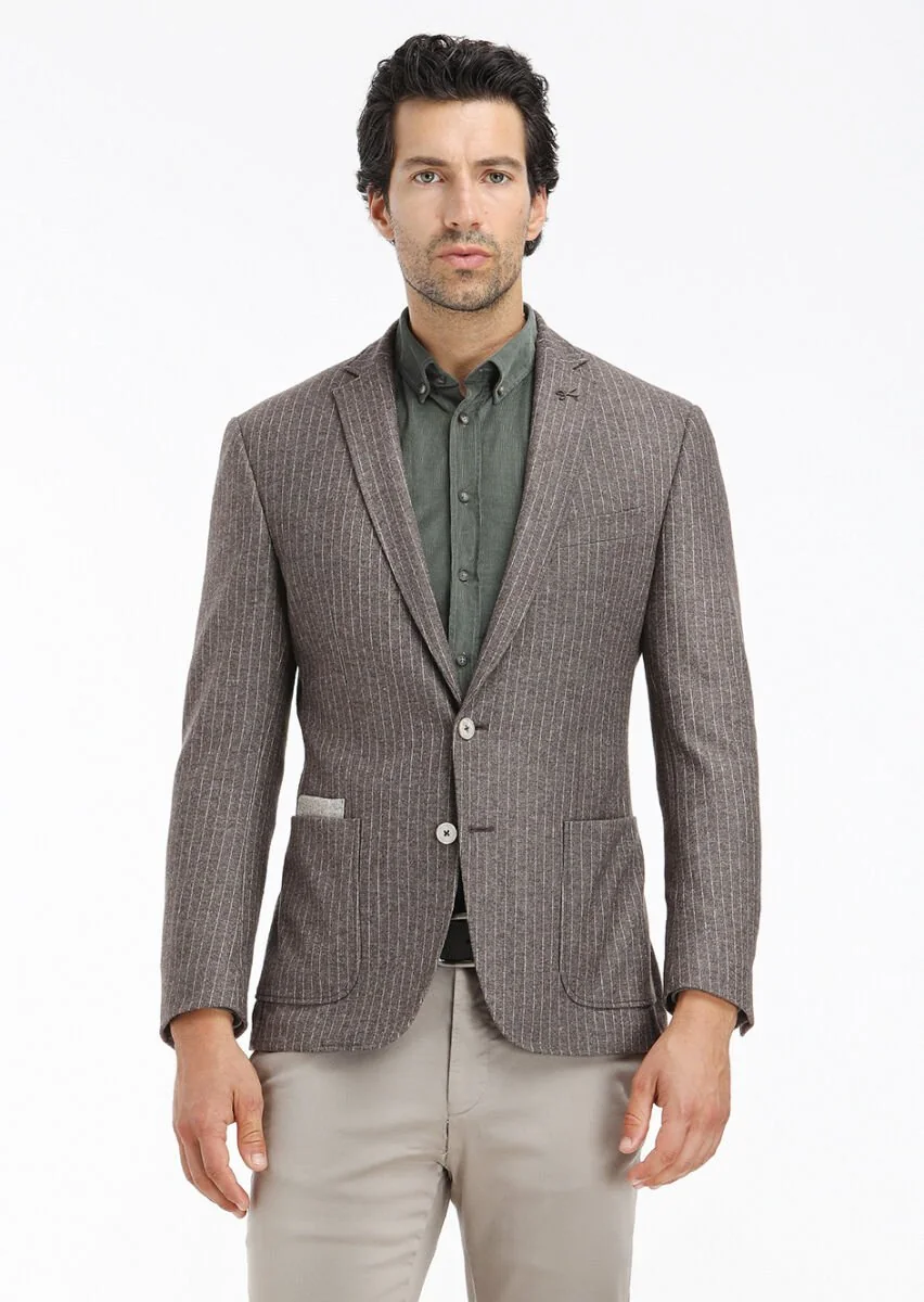 Açık Kahve Çizgili Zeroweight Slim Fit Yün Karışımlı Örme Ceket - 2