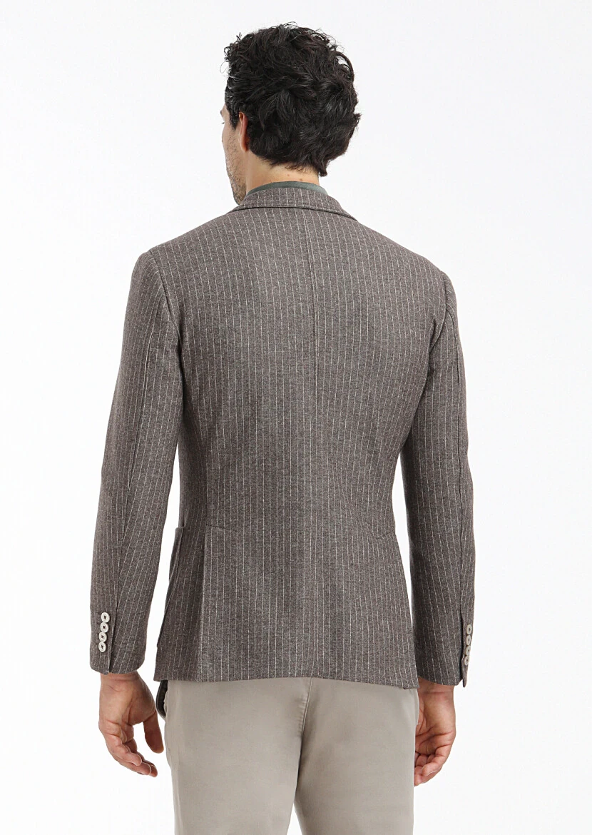 Açık Kahve Çizgili Zeroweight Slim Fit Yün Karışımlı Örme Ceket - 6