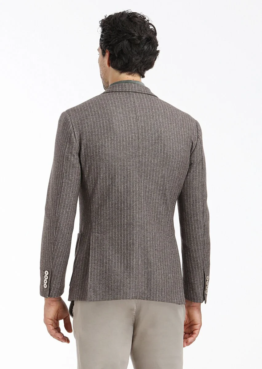 Açık Kahve Çizgili Zeroweight Slim Fit Yün Karışımlı Örme Ceket - 6