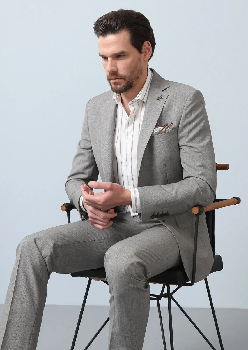 Açık Kahve Desenli Modern Fit %100 Yün Takım Elbise - 3