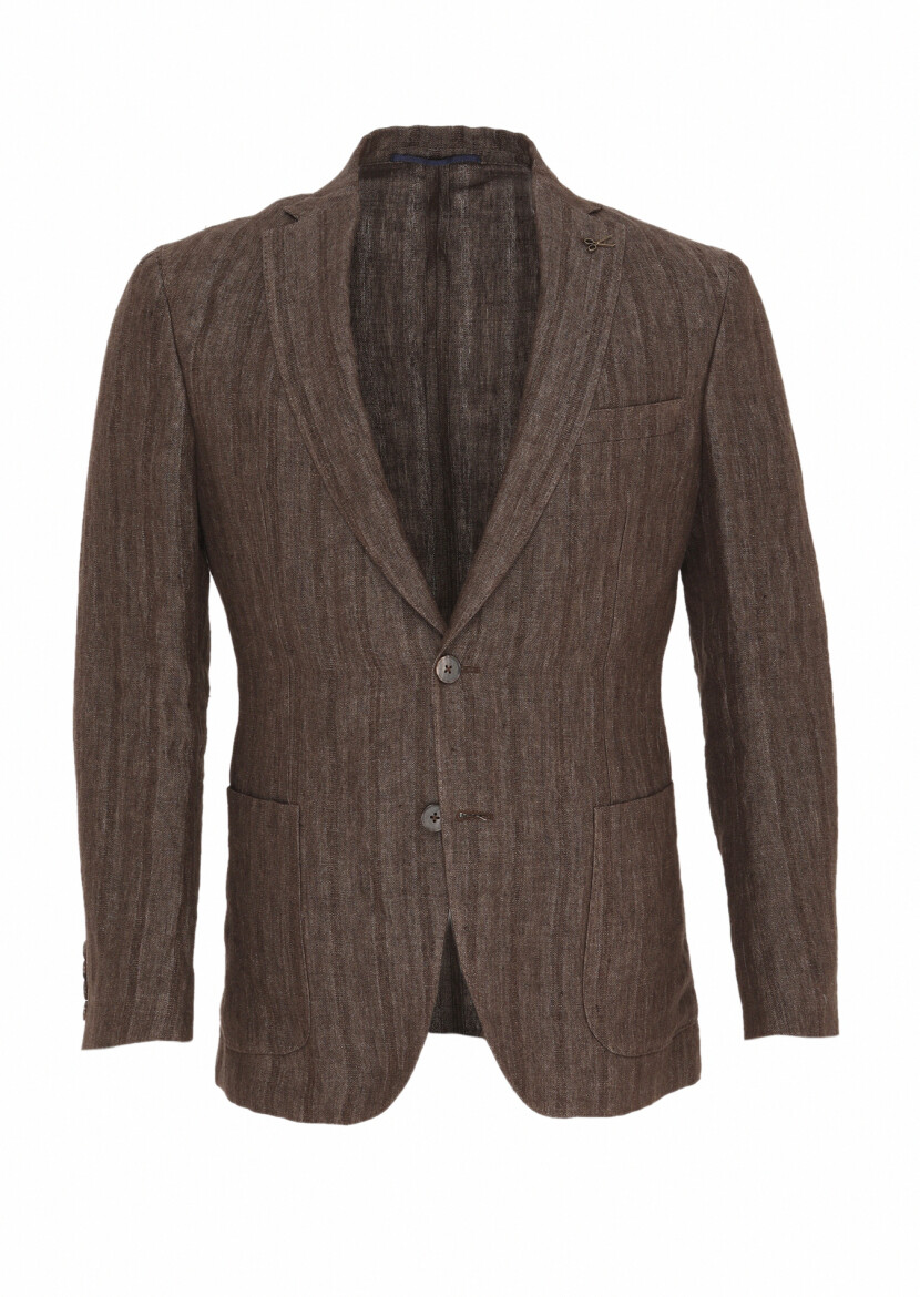 Açık Kahve Desenli Shirt Shoulder Slim Fit %100 Keten Ceket - 1
