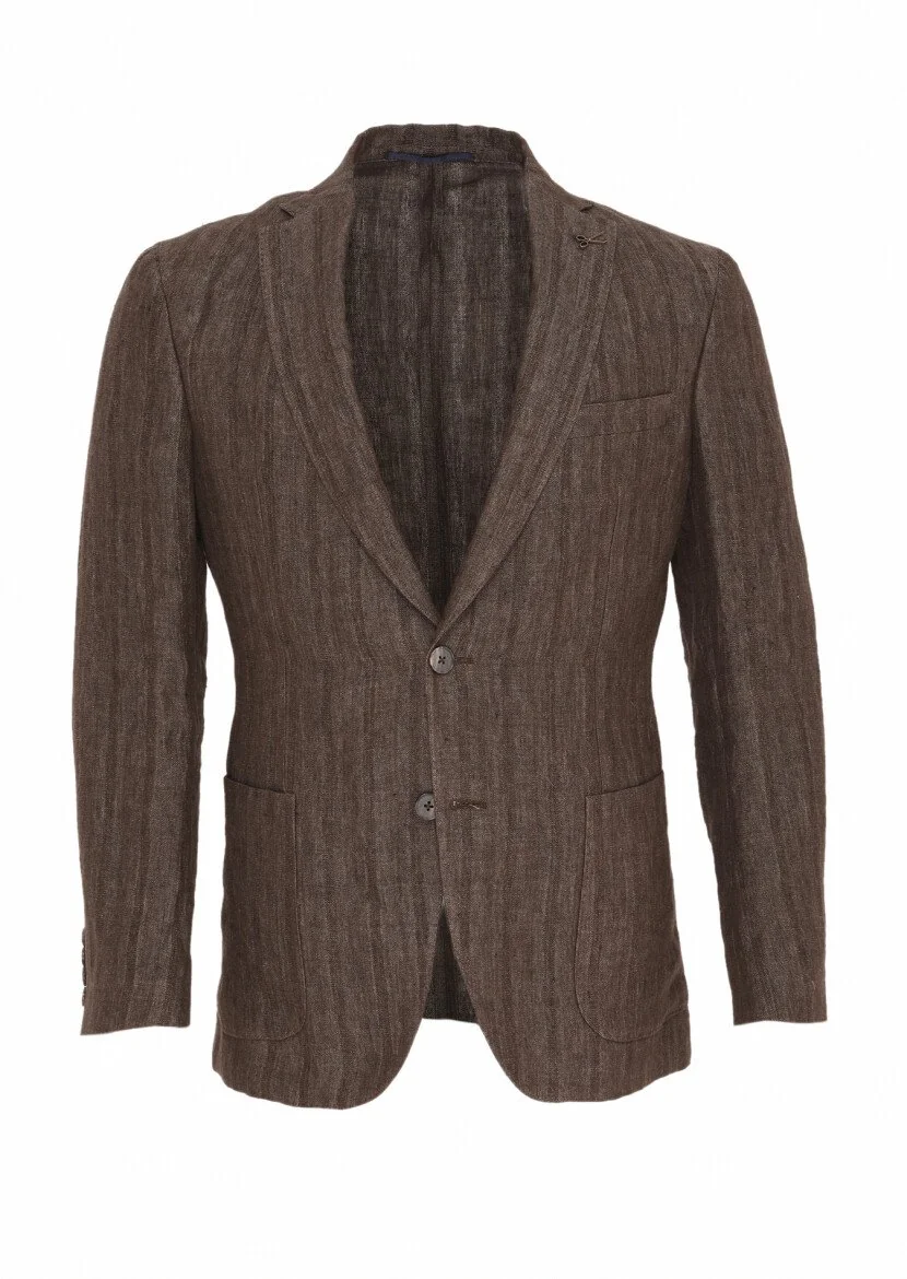 Açık Kahve Desenli Shirt Shoulder Slim Fit %100 Keten Ceket - 6