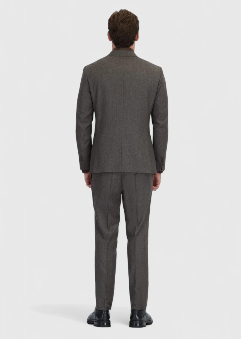 Açık Kahve Desenli Zeroweight Slim Fit %100 Yün Takım Elbise - 6