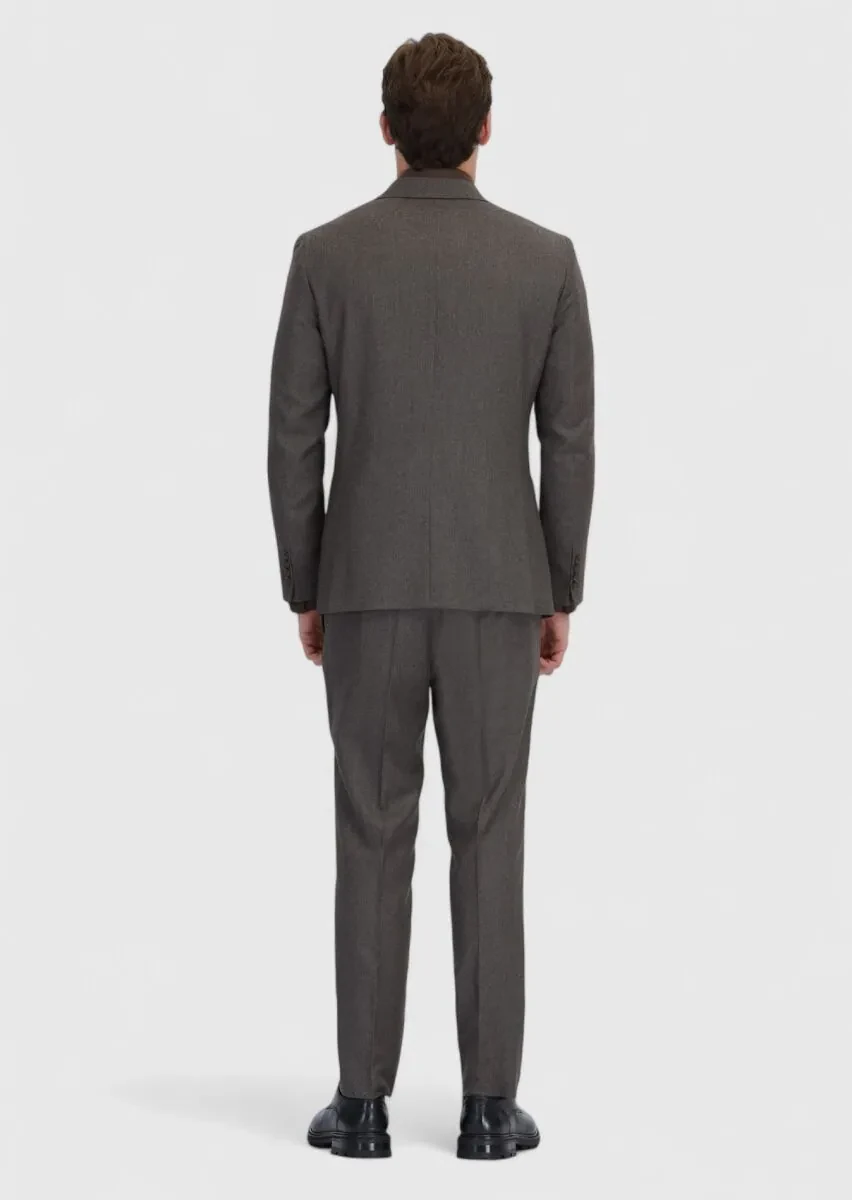 Açık Kahve Desenli Zeroweight Slim Fit %100 Yün Takım Elbise - 6