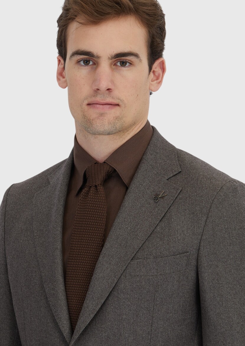 Açık Kahve Desenli Zeroweight Slim Fit %100 Yün Takım Elbise - 3