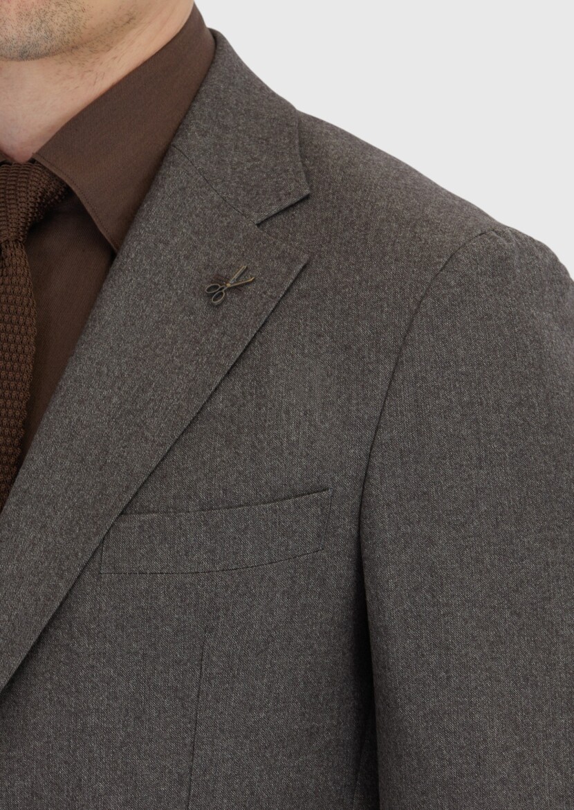 Açık Kahve Desenli Zeroweight Slim Fit %100 Yün Takım Elbise - 4