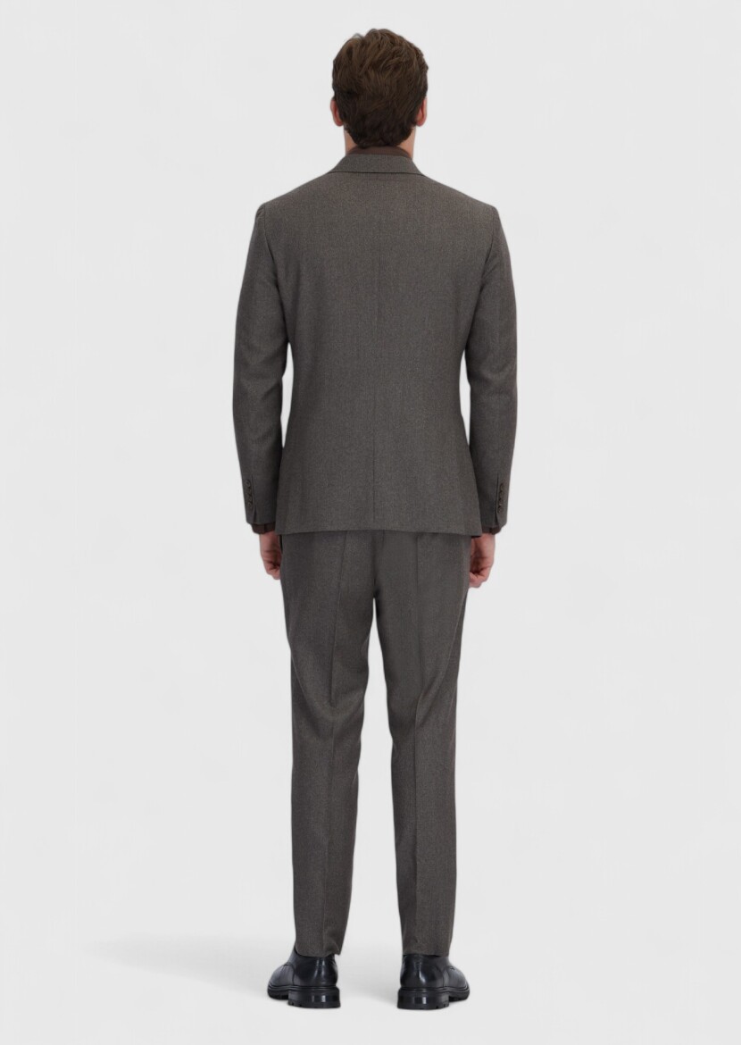 Açık Kahve Desenli Zeroweight Slim Fit %100 Yün Takım Elbise - 6