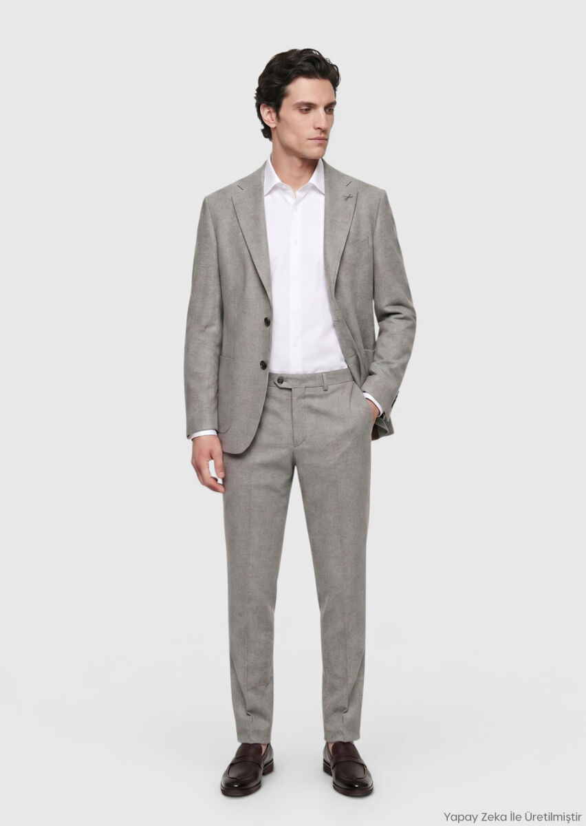 RAMSEY Açık Kahve Desenli Zeroweight Slim Fit %100 Yün Takım Elbise