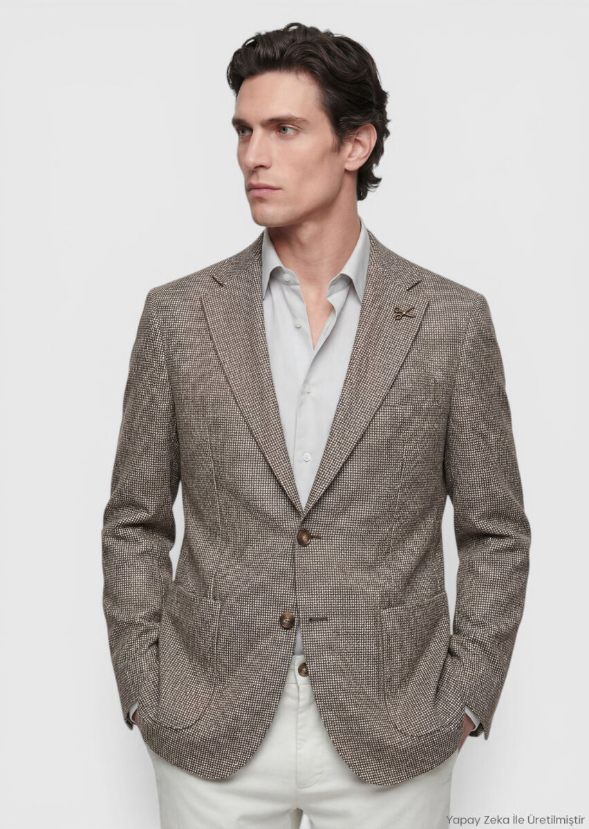 RAMSEY Açık Kahve Desenli Zeroweight Slim Fit Pamuk Karışımlı Ceket