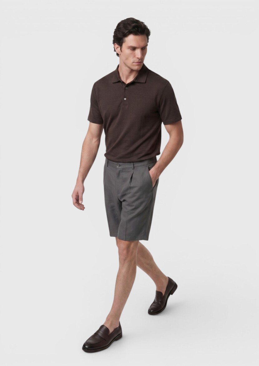 Açık Kahve Düz Dokuma Regular Fit Casual Keten Karışımlı Bermuda - 1