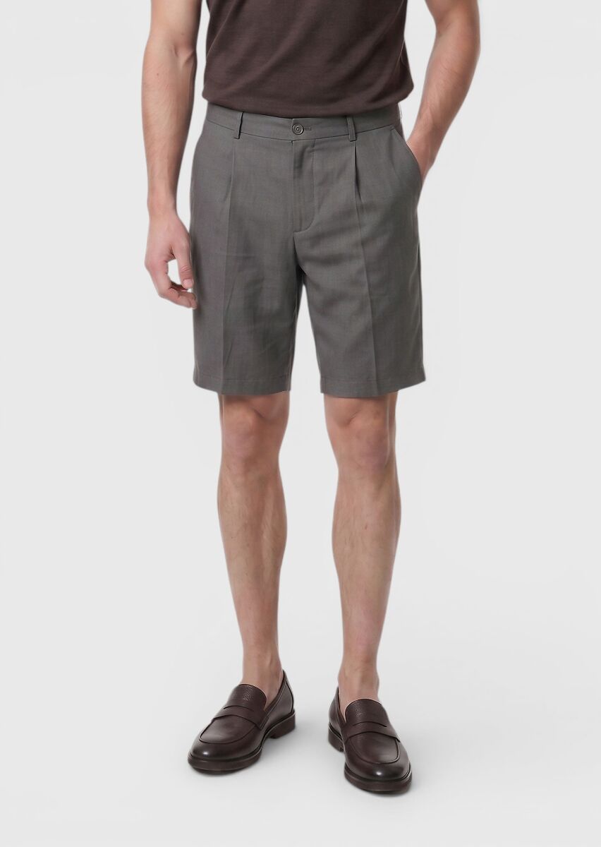 Açık Kahve Düz Dokuma Regular Fit Casual Keten Karışımlı Bermuda - 2