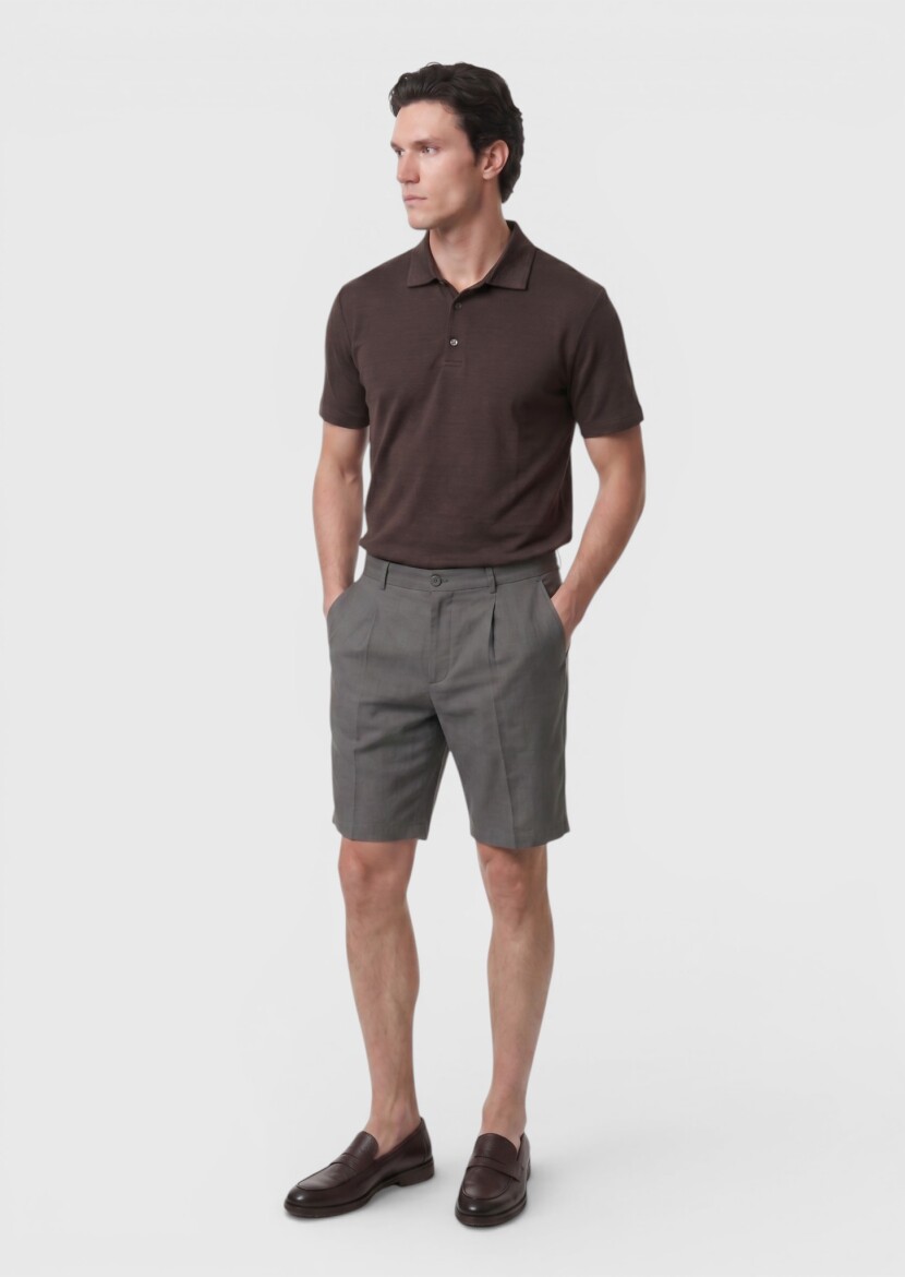 Açık Kahve Düz Dokuma Regular Fit Casual Keten Karışımlı Bermuda - 3