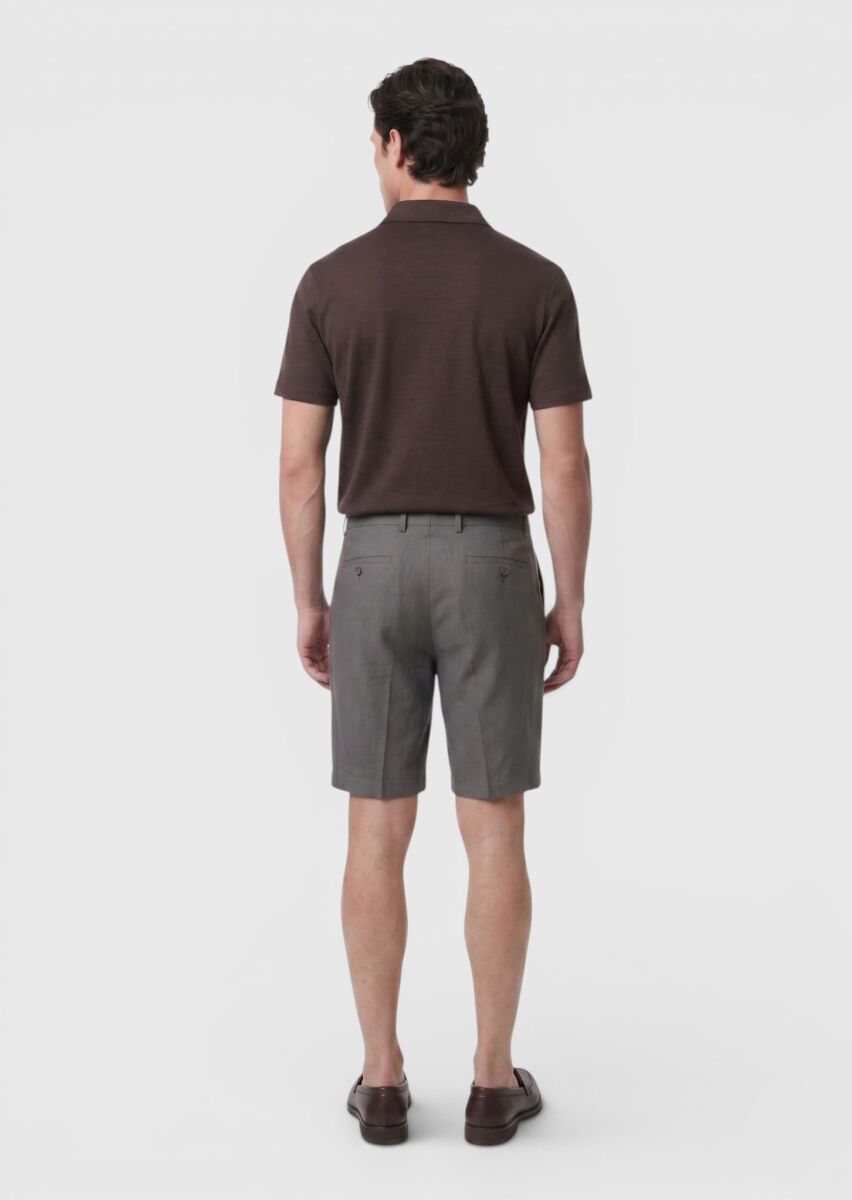 Açık Kahve Düz Dokuma Regular Fit Casual Keten Karışımlı Bermuda - 4