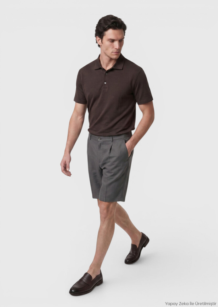 Açık Kahve Düz Dokuma Regular Fit Casual Keten Karışımlı Bermuda - RAMSEY