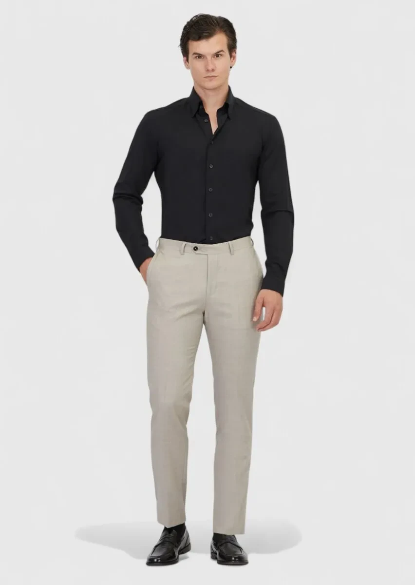 Açık Kahve Düz Dokuma Regular Fit Klasik %100 Yün Pantolon - 1