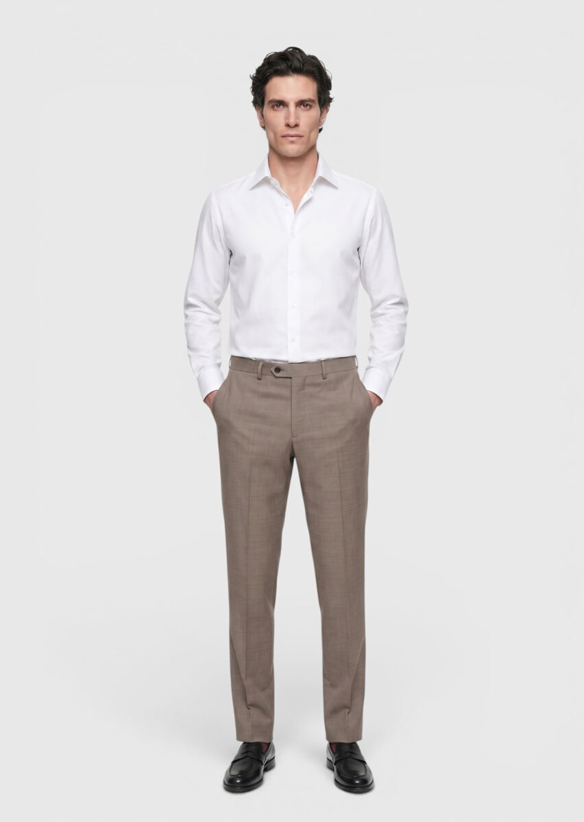 Açık Kahve Düz Dokuma Regular Fit Klasik %100 Yün Pantolon - 1
