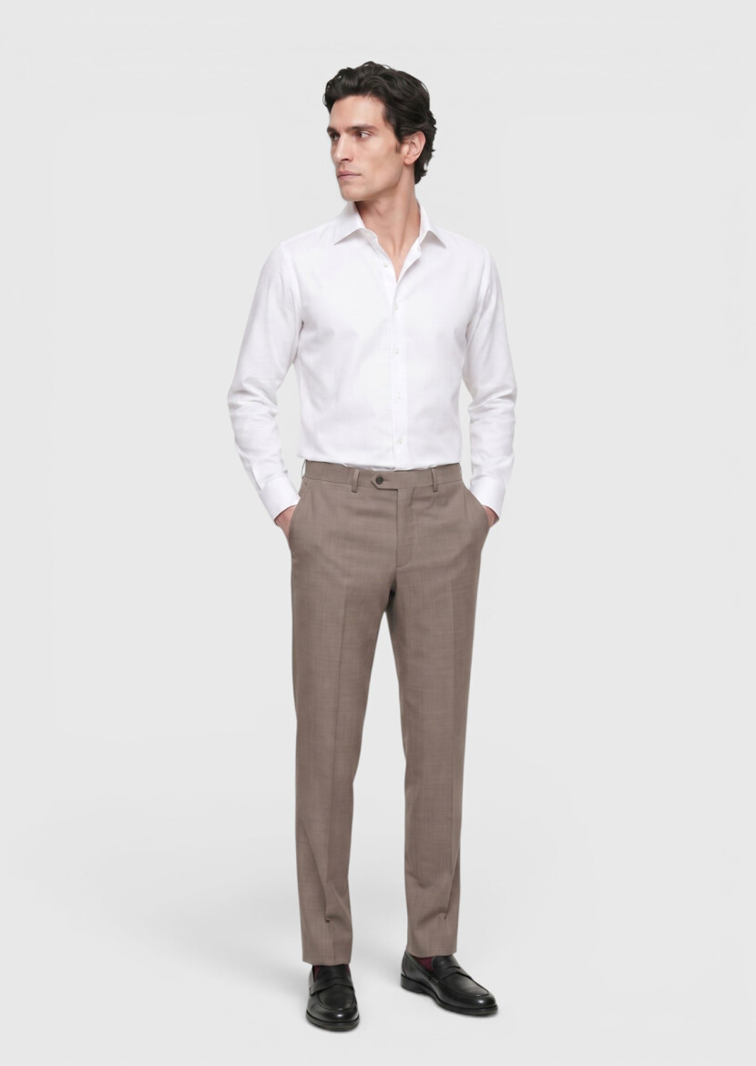 Açık Kahve Düz Dokuma Regular Fit Klasik %100 Yün Pantolon - 3