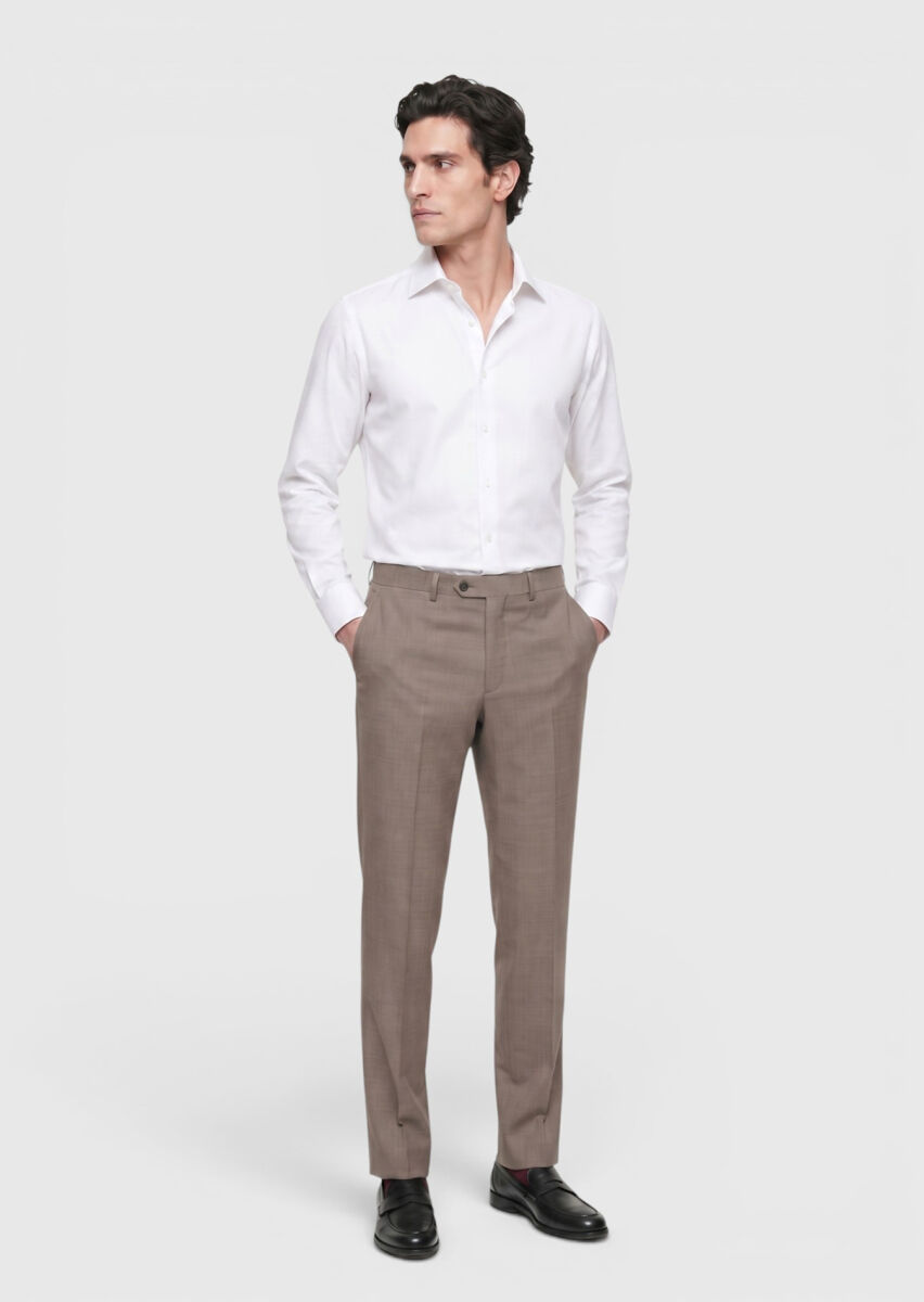 Açık Kahve Düz Dokuma Regular Fit Klasik %100 Yün Pantolon - 3