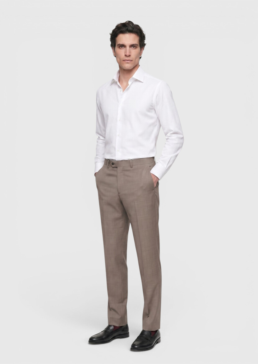 Açık Kahve Düz Dokuma Regular Fit Klasik %100 Yün Pantolon - 4
