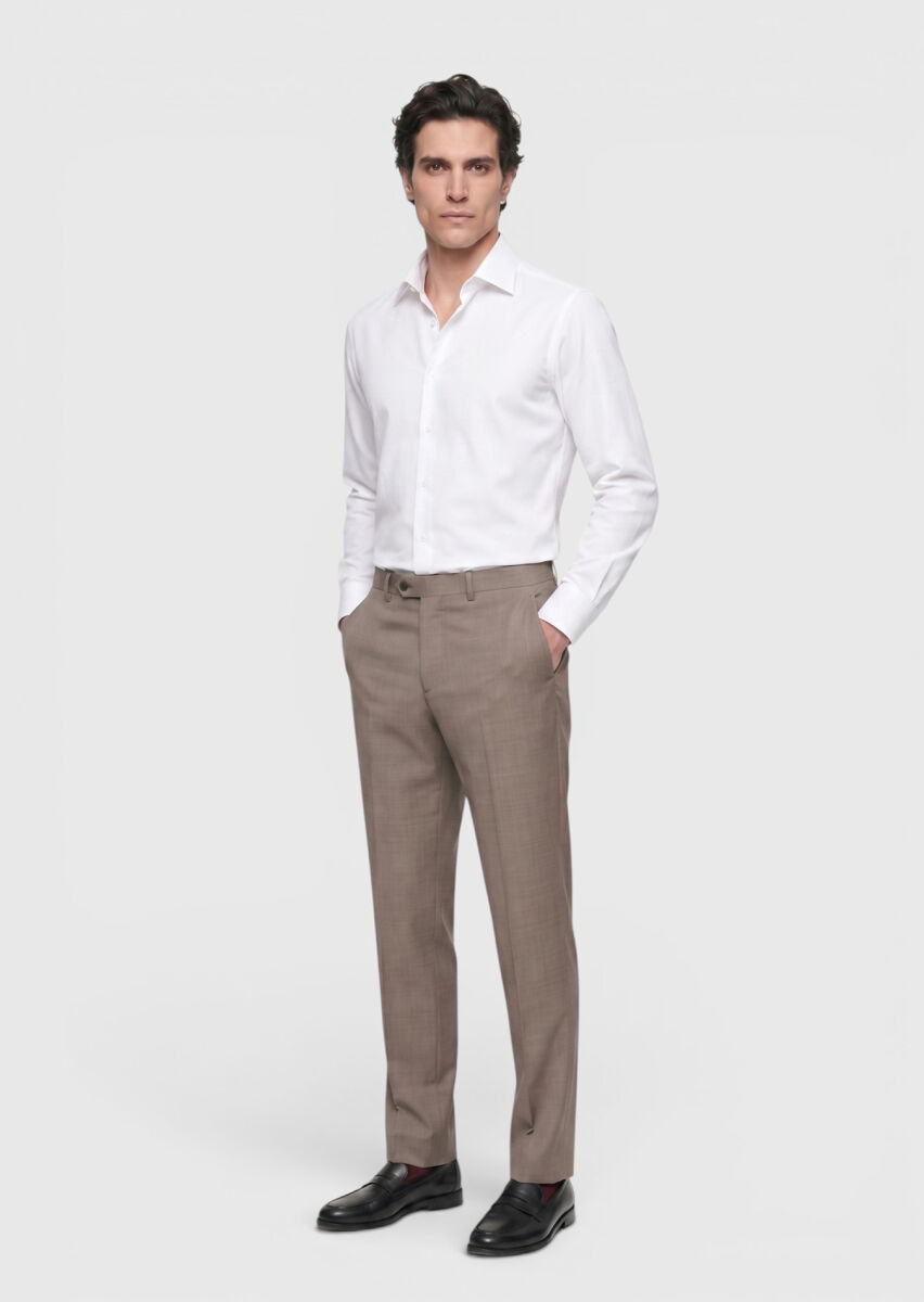 Açık Kahve Düz Dokuma Regular Fit Klasik %100 Yün Pantolon - 4
