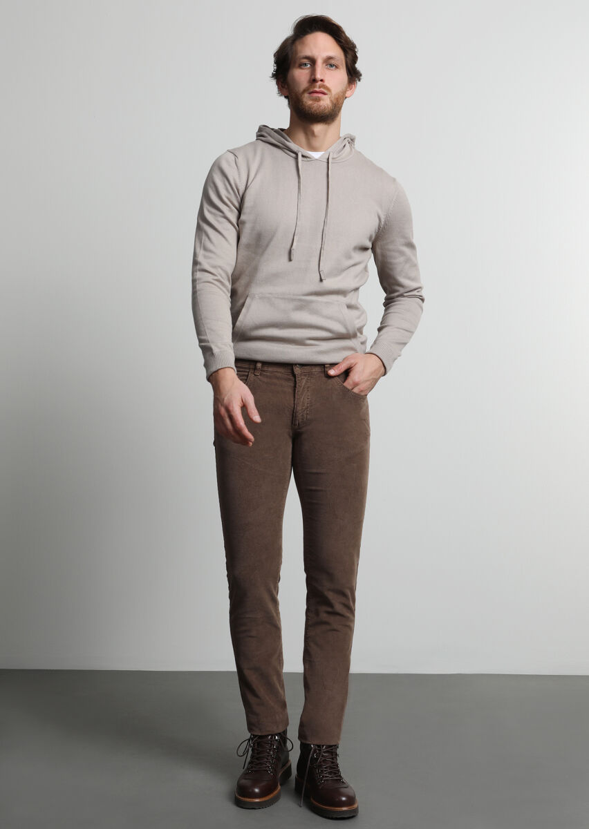 Açık Kahve Düz Dokuma Slim Fit Casual Pamuk Karışımlı Pantolon - 1
