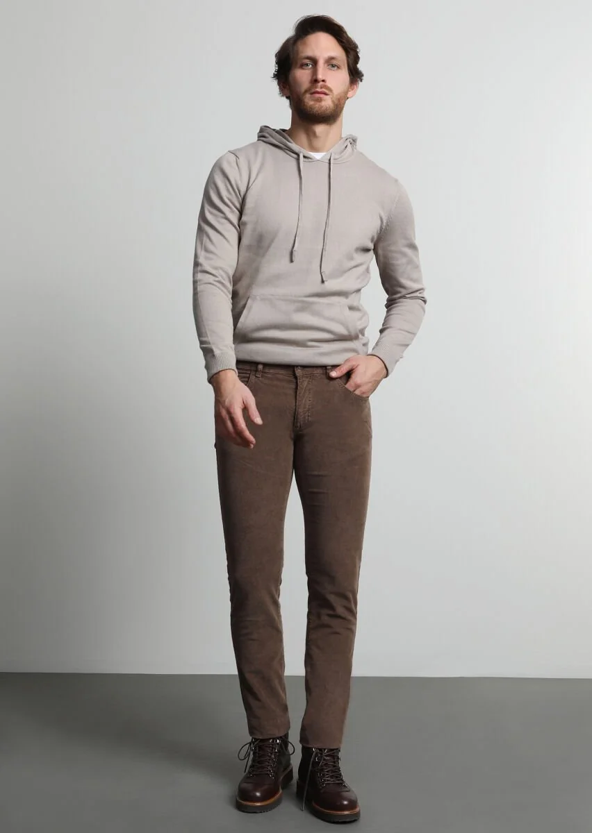 Açık Kahve Düz Dokuma Slim Fit Casual Pamuk Karışımlı Pantolon - 1