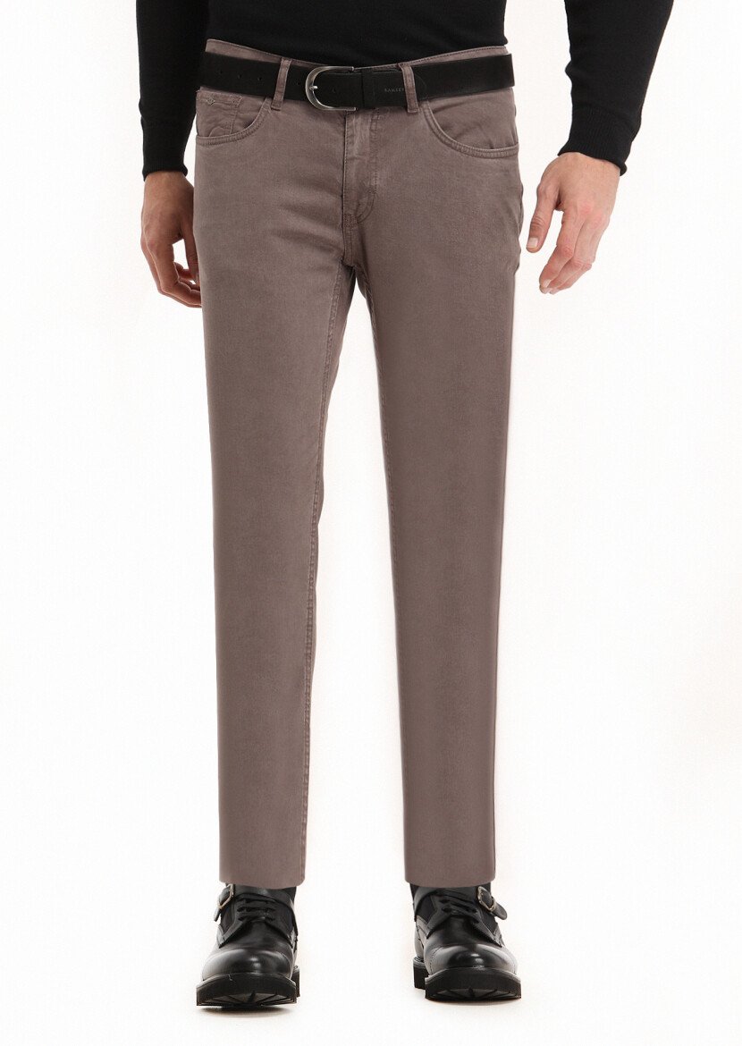 Açık Kahve Düz Dokuma Slim Fit Casual Pamuk Karışımlı Pantolon - 1