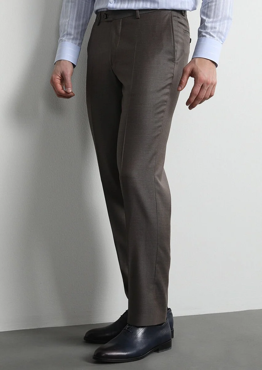 Açık Kahve Düz Kumaş Regular Fit Klasik %100 Yün Pantolon - 3