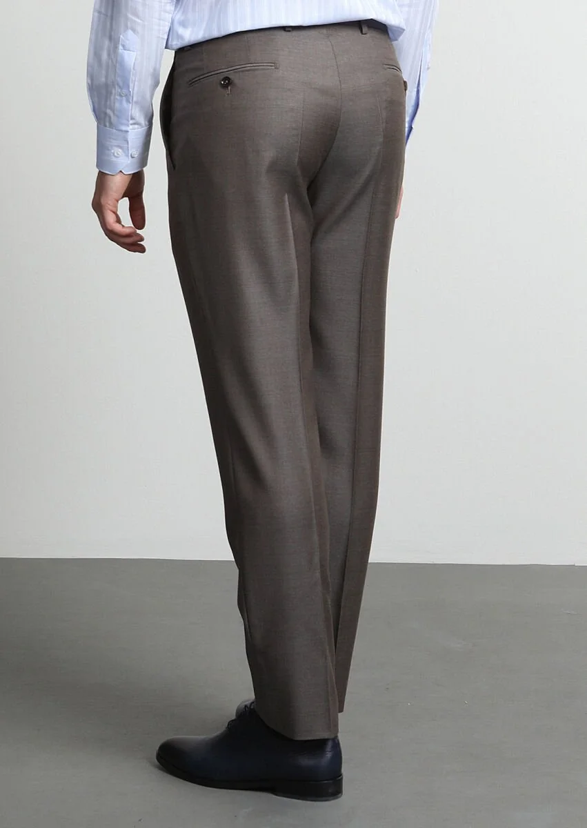 Açık Kahve Düz Kumaş Regular Fit Klasik %100 Yün Pantolon - 4