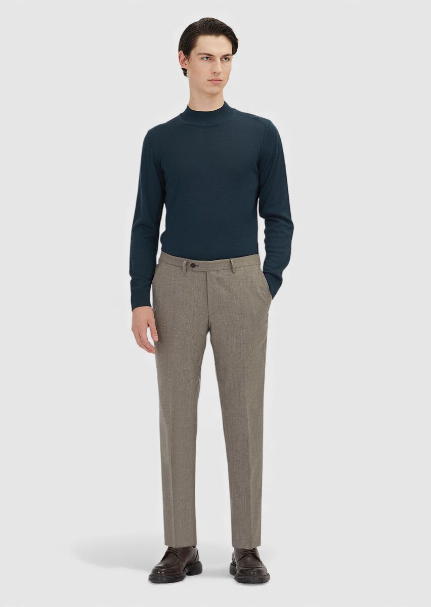 Açık Kahve Düz Kumaş Regular Fit Klasik %100 Yün Pantolon - 1