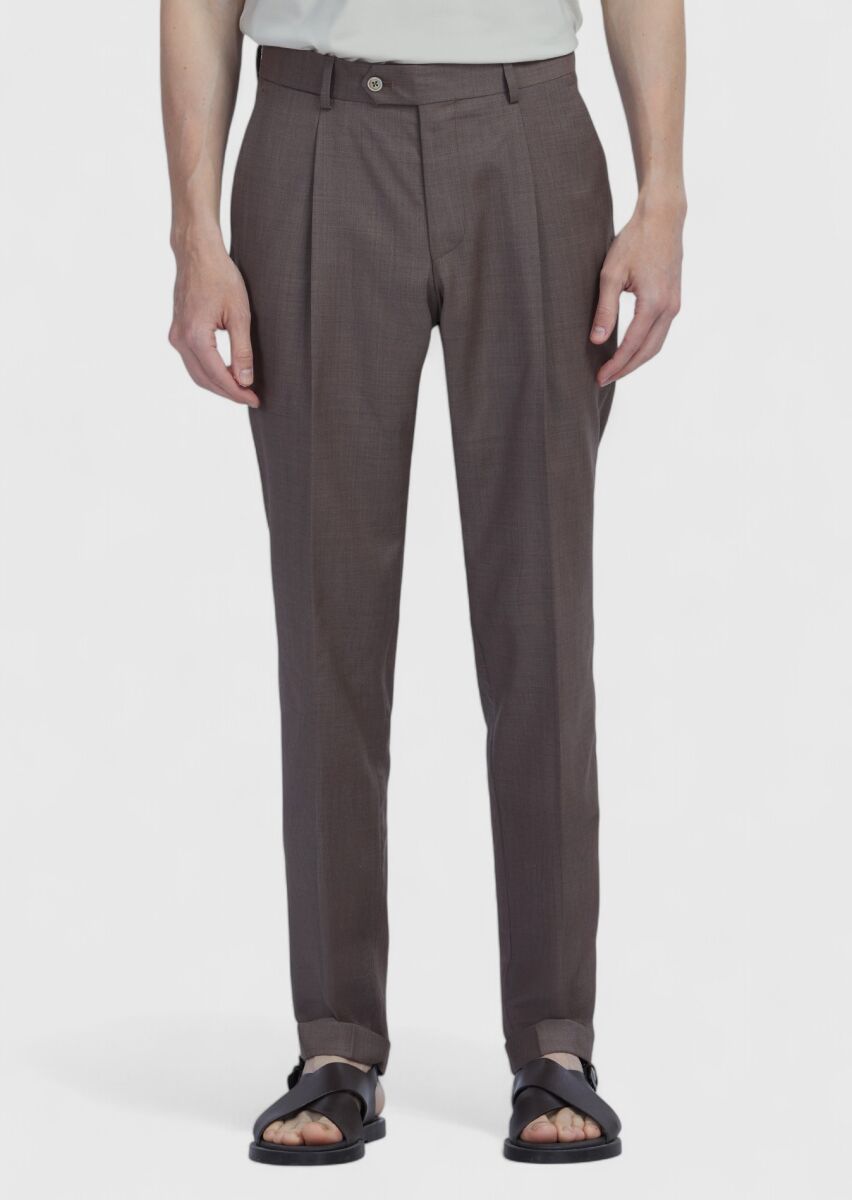 Açık Kahve Düz Kumaş Slim Fit Casual %100 Yün Pantolon - 2