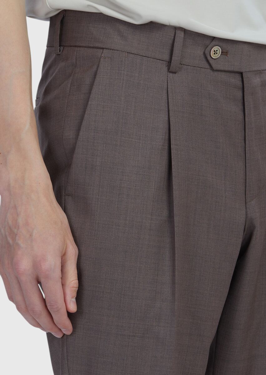 Açık Kahve Düz Kumaş Slim Fit Casual %100 Yün Pantolon - 3