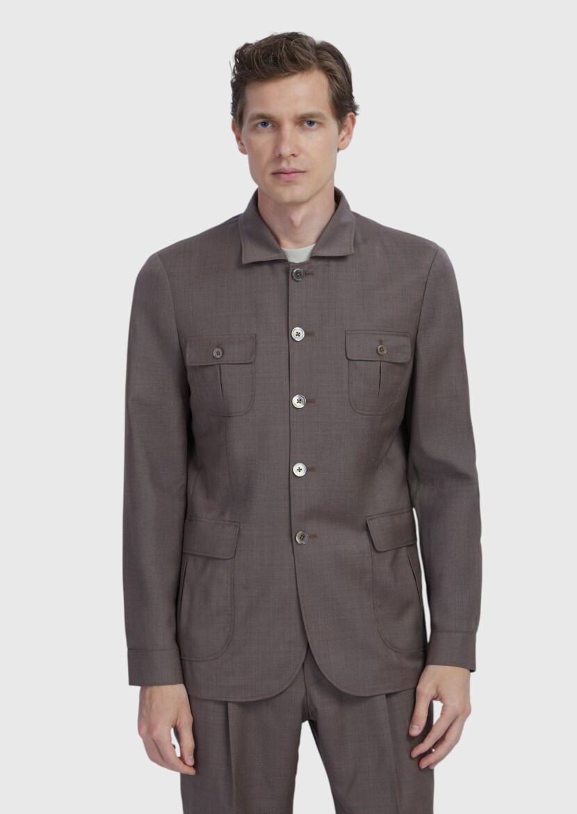 Açık Kahve Düz Shirt Shoulder Slim Fit %100 Yün Ceket - 3