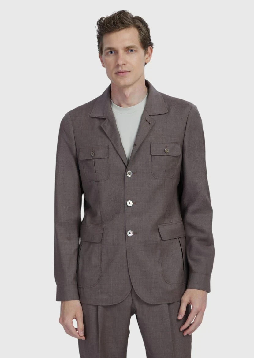 Açık Kahve Düz Shirt Shoulder Slim Fit %100 Yün Ceket - 1