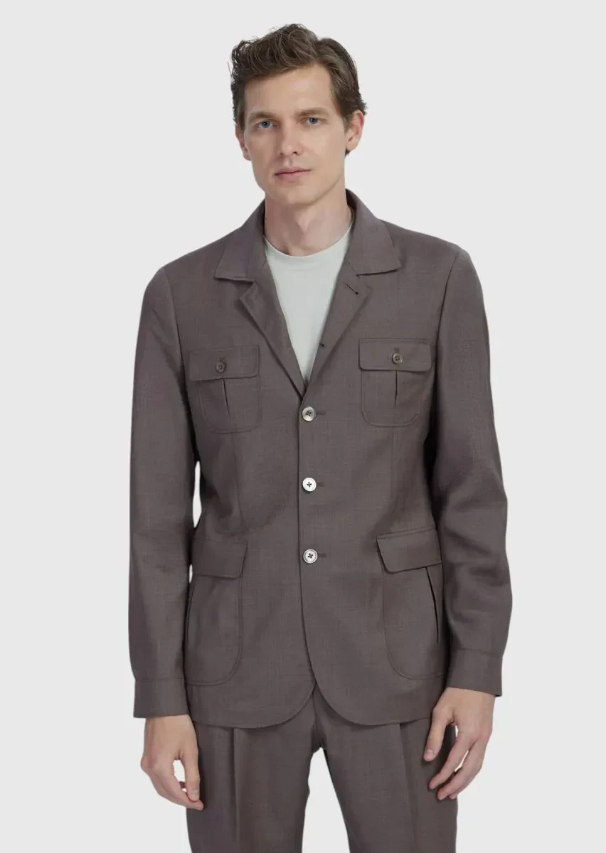 Açık Kahve Düz Shirt Shoulder Slim Fit %100 Yün Ceket - 1