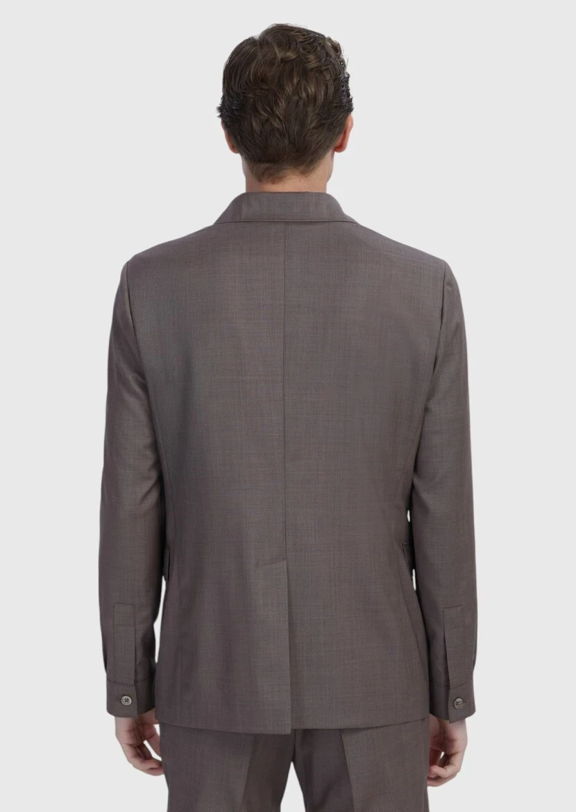 Açık Kahve Düz Shirt Shoulder Slim Fit %100 Yün Ceket - 6
