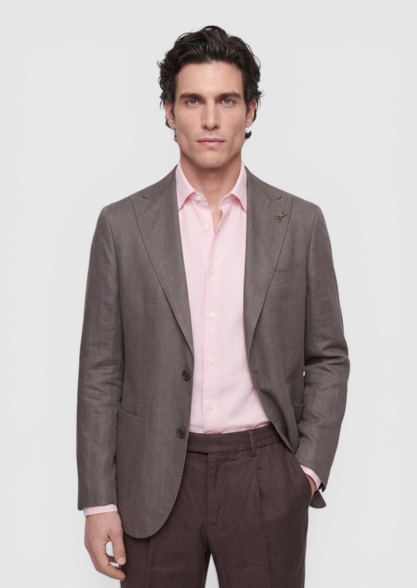 Açık Kahve Düz Zeroweight Slim Fit Keten Karışımlı Ceket - 1