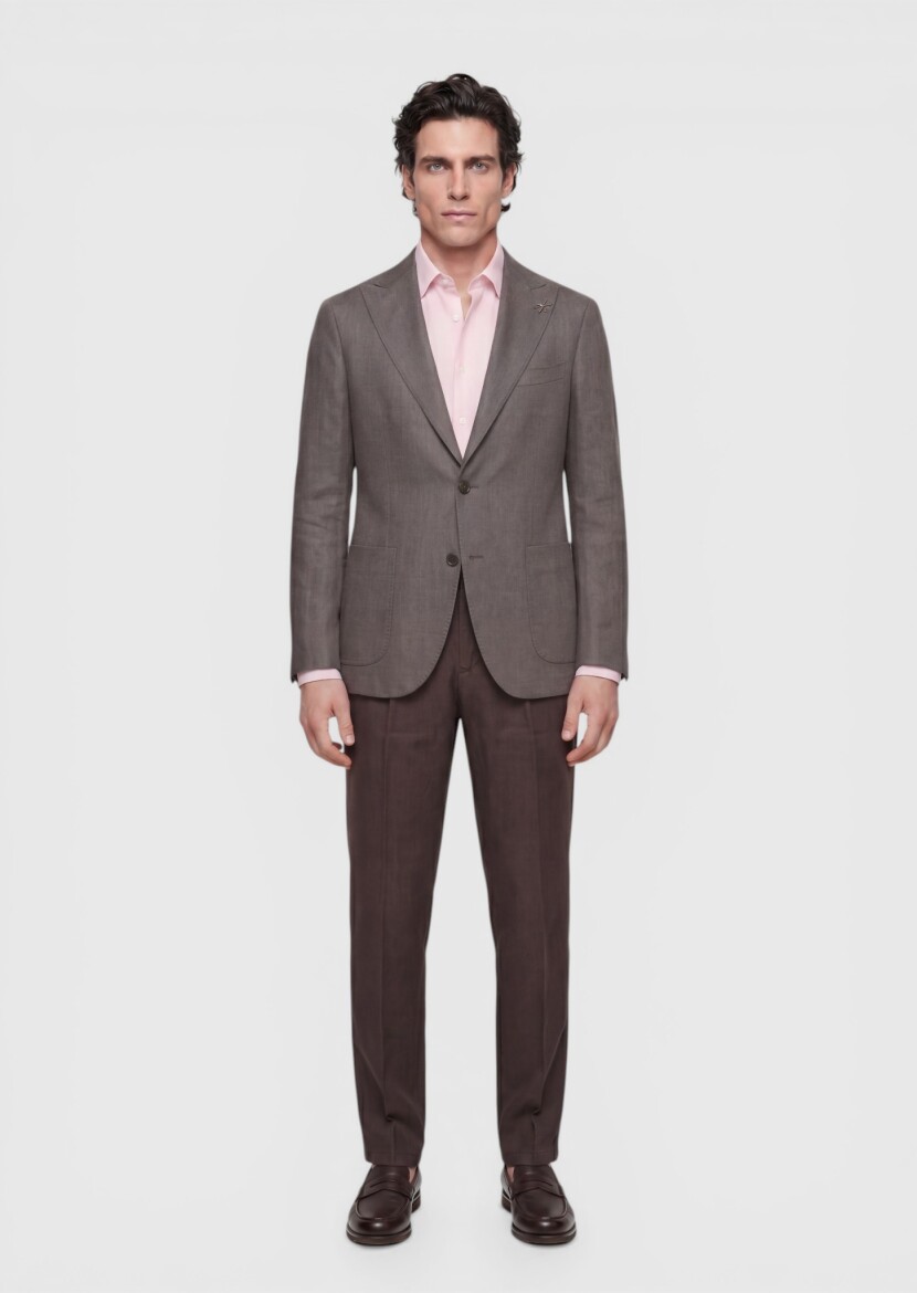 Açık Kahve Düz Zeroweight Slim Fit Keten Karışımlı Ceket - 2