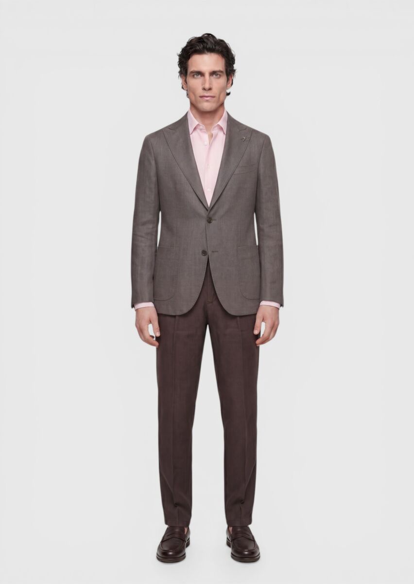 Açık Kahve Düz Zeroweight Slim Fit Keten Karışımlı Ceket - 2