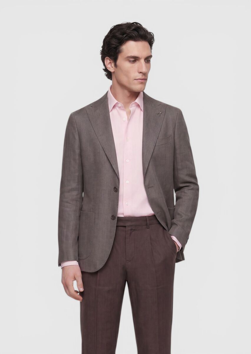 Açık Kahve Düz Zeroweight Slim Fit Keten Karışımlı Ceket - 3