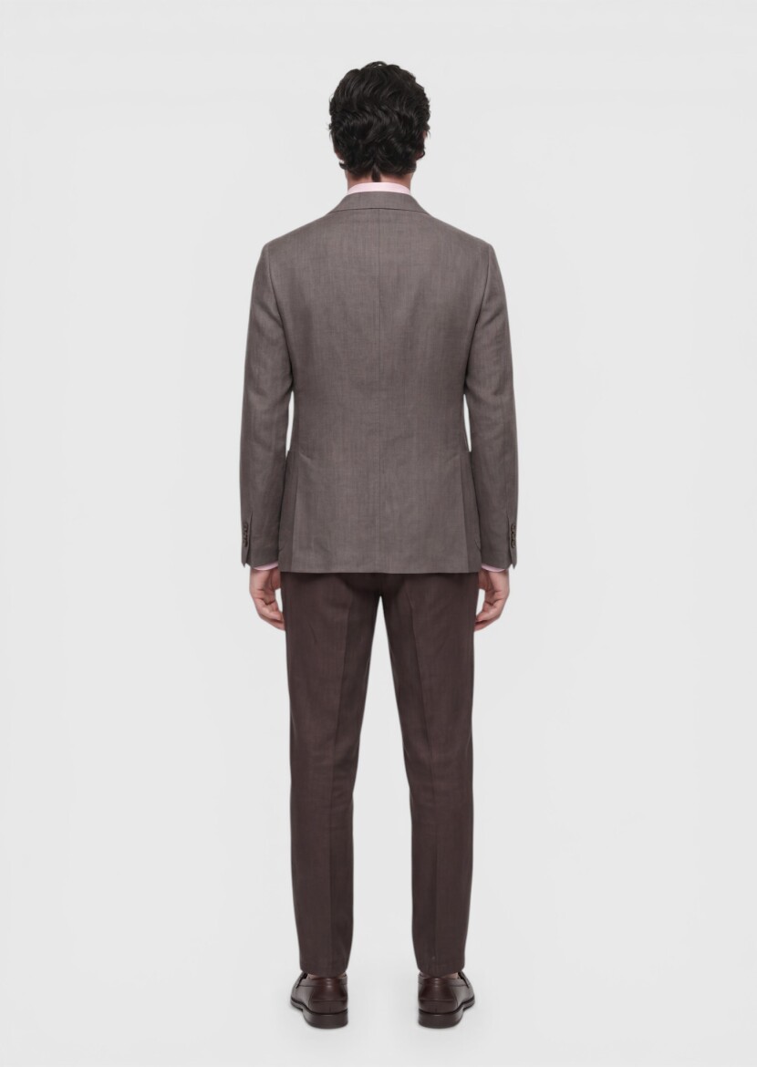 Açık Kahve Düz Zeroweight Slim Fit Keten Karışımlı Ceket - 5